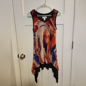 Easel Asymmetrical Tunic Top in Red, Blue, and Black